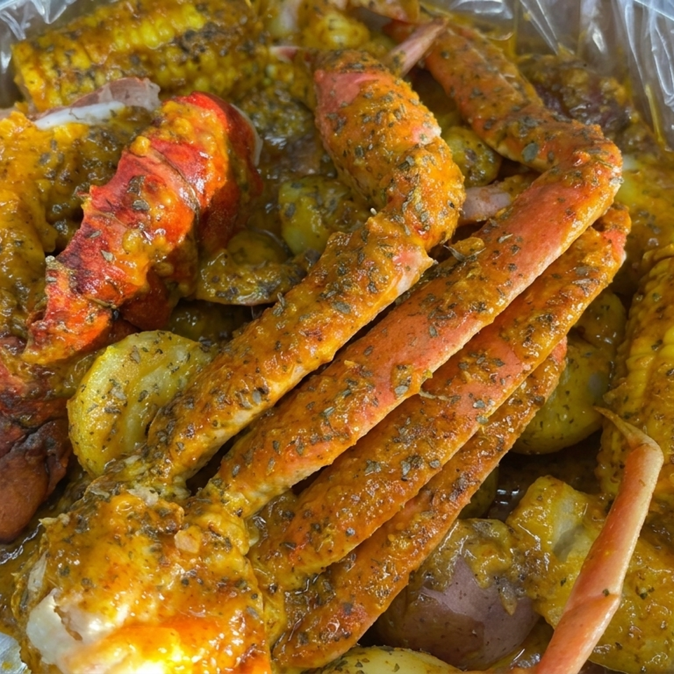 Close-up of seasoned crab legs, lobster pieces, corn, potatoes, and sausage in a foil-lined seafood boil tray.
