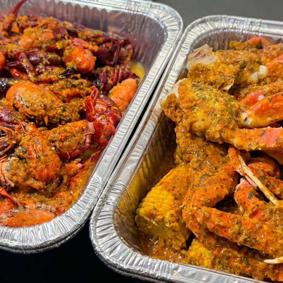 Two aluminum trays hold seasoned seafood, including whole crawfish, shrimp, crab legs, and lobster tails.