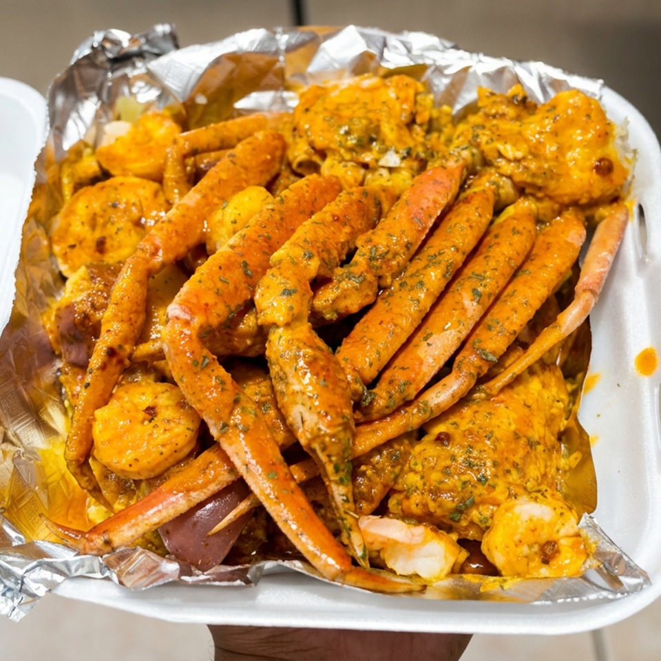 Foil-lined takeout container filled with seasoned crab legs, shrimp, and seafood in orange sauce.