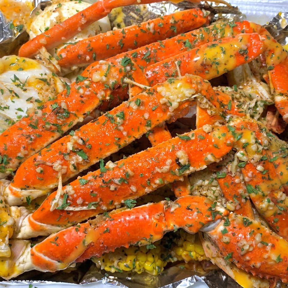 Pile of garlic-butter crab legs garnished with herbs, served with corn and seafood on a foil-lined tray.