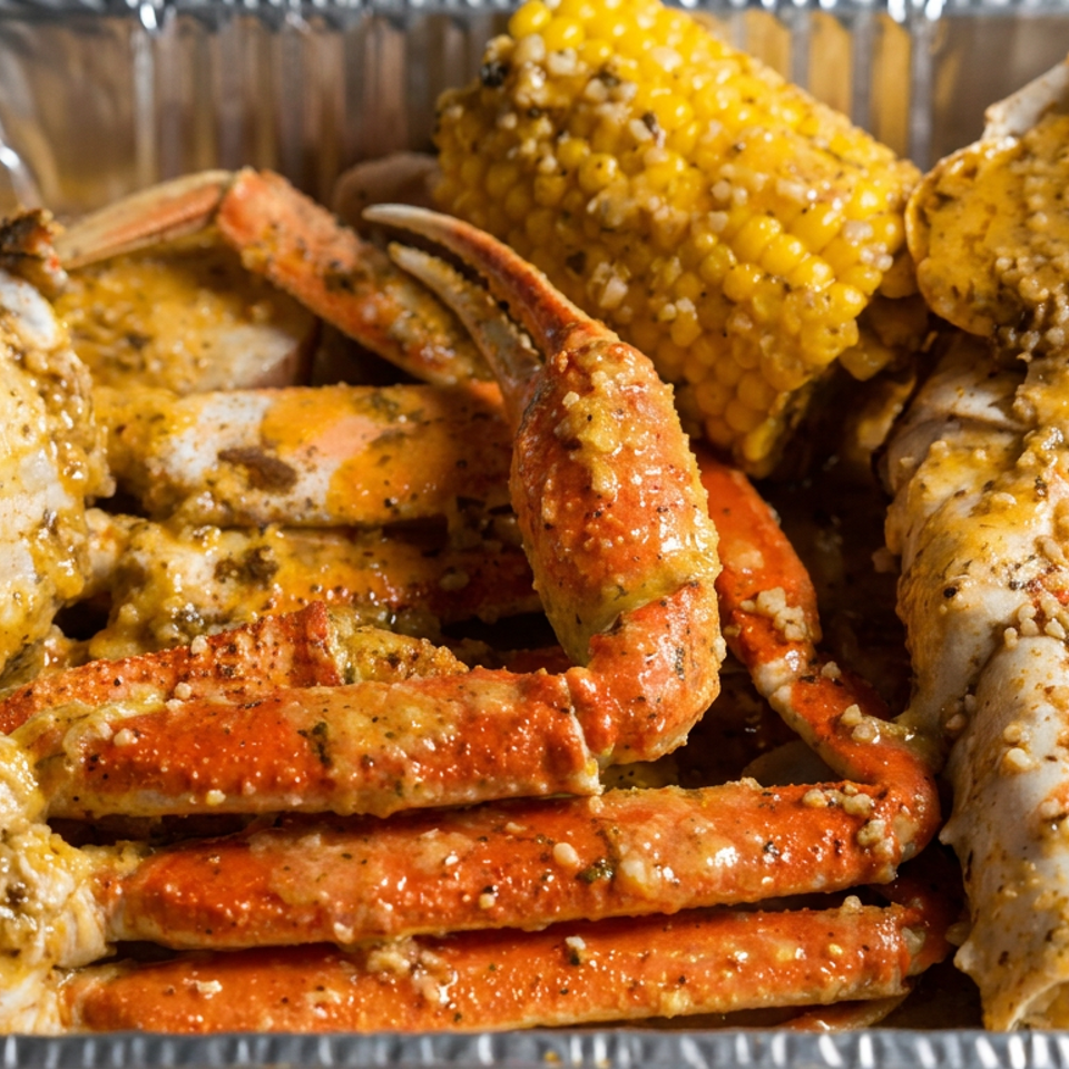 Seasoned crab legs and corn on the cob arranged in a disposable aluminum tray.