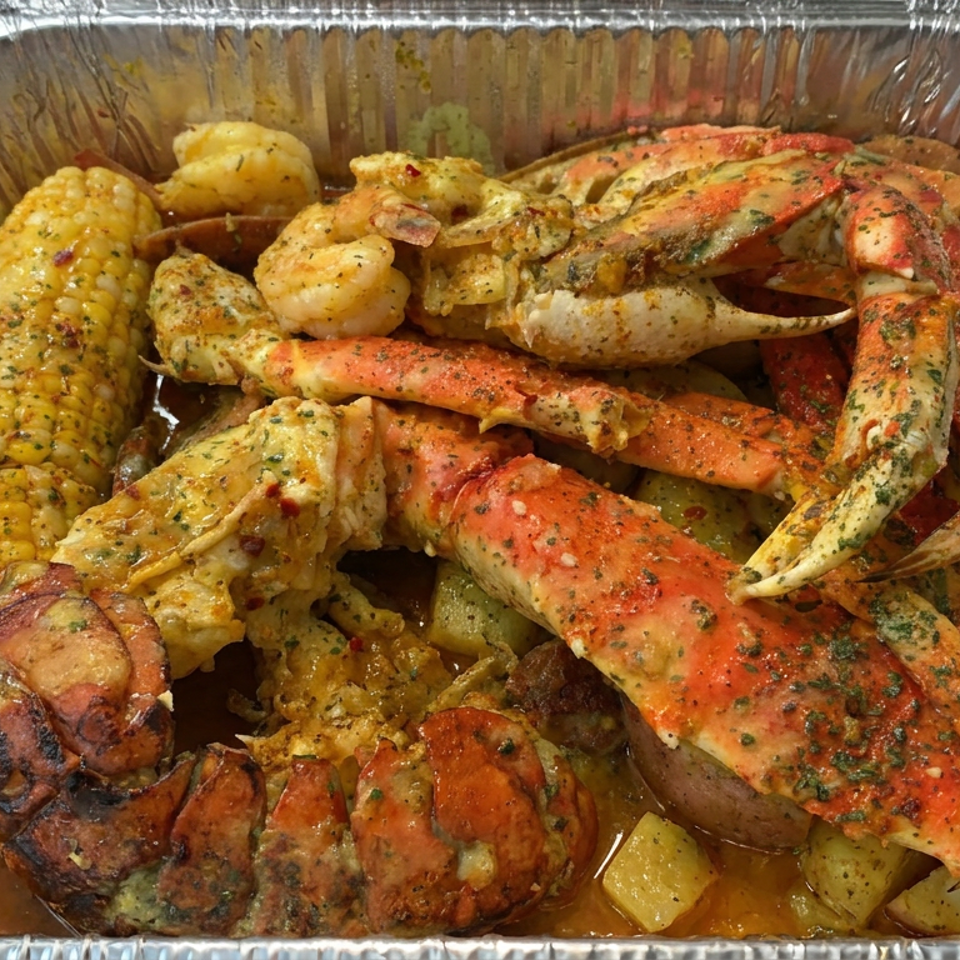 Seasoned seafood boil with crab legs, lobster tails, shrimp, corn, and potatoes in a foil tray.